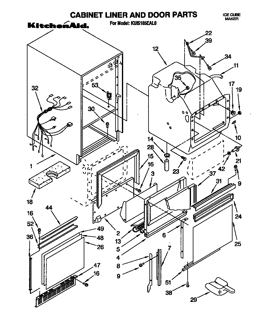 KitchenAid KUIS185EAL0 cabinet liner and door diagram