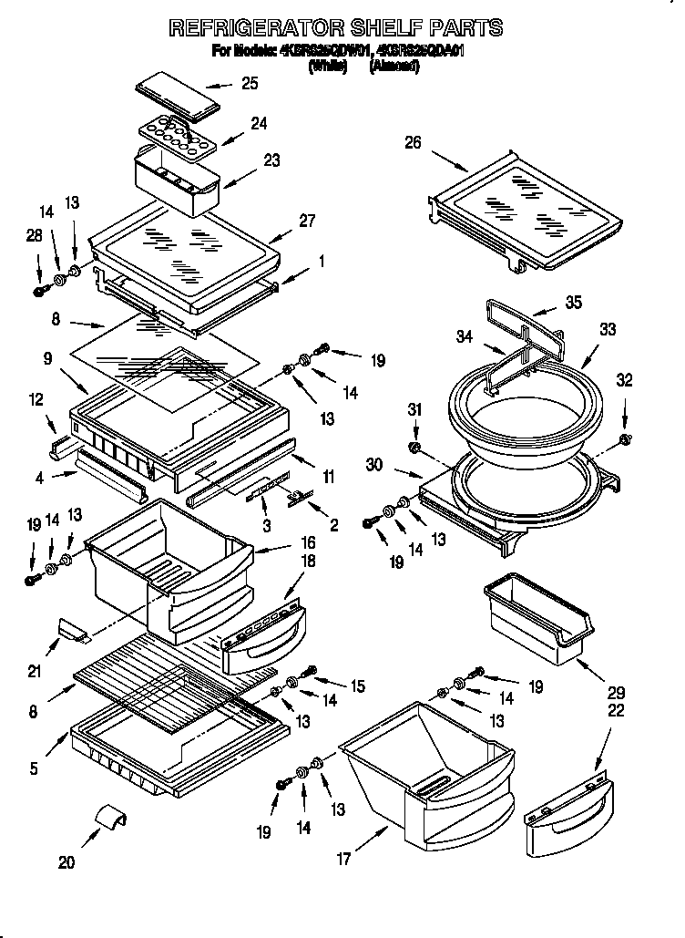 KitchenAid 4KSRS25QDW01 refrigerator shelf diagram