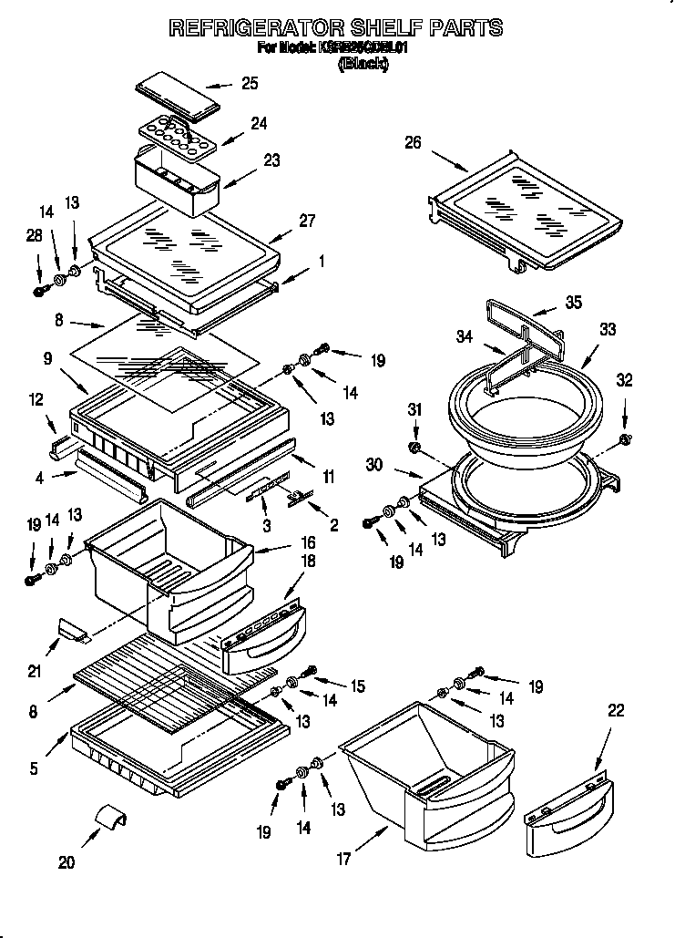 KitchenAid KSRB25QDBL01 refrigerator shelf diagram