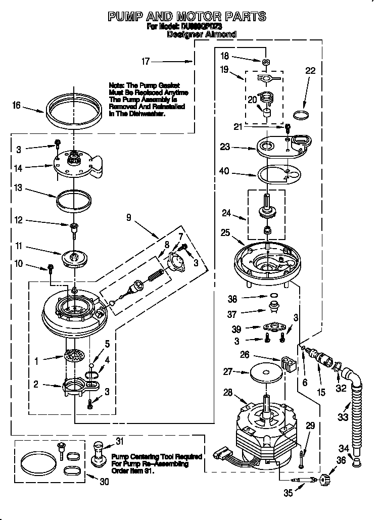 Whirlpool DU980QPDZ3 pump and motor diagram