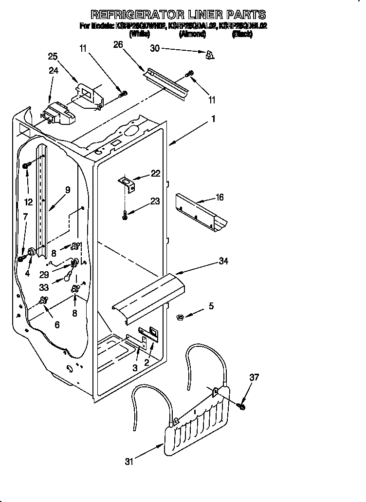 KitchenAid KSRP25QDBL02 refrigerator liner diagram
