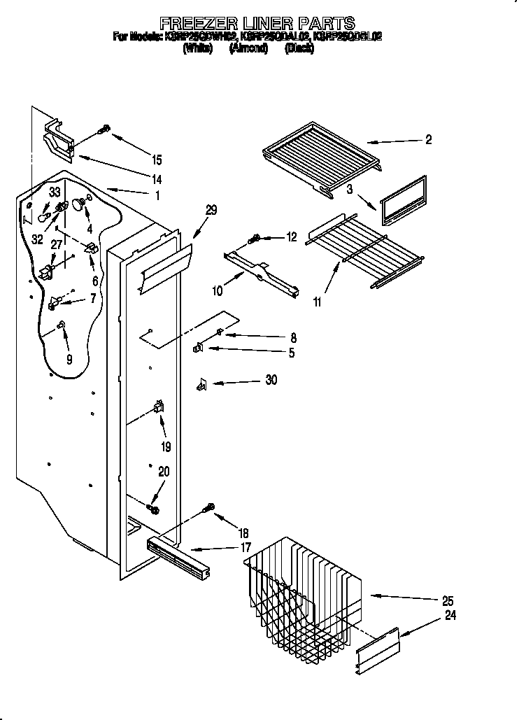 KitchenAid KSRP25QDBL02 freezer liner diagram