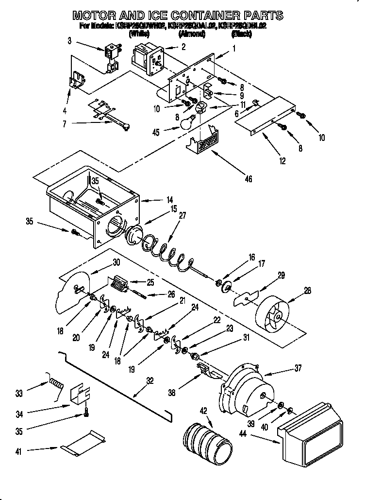 KitchenAid KSRP25QDBL02 motor and ice container diagram