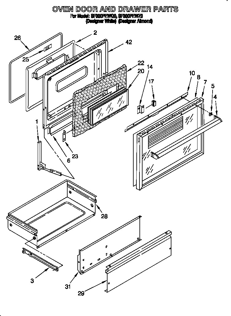 Whirlpool SF380PEWQ0 oven door and drawer diagram