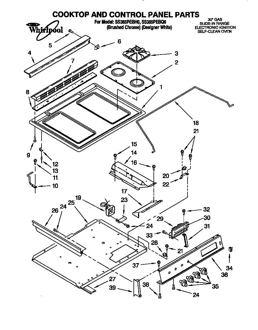 Whirlpool SS385PEBQ0 cooktop and control panel diagram