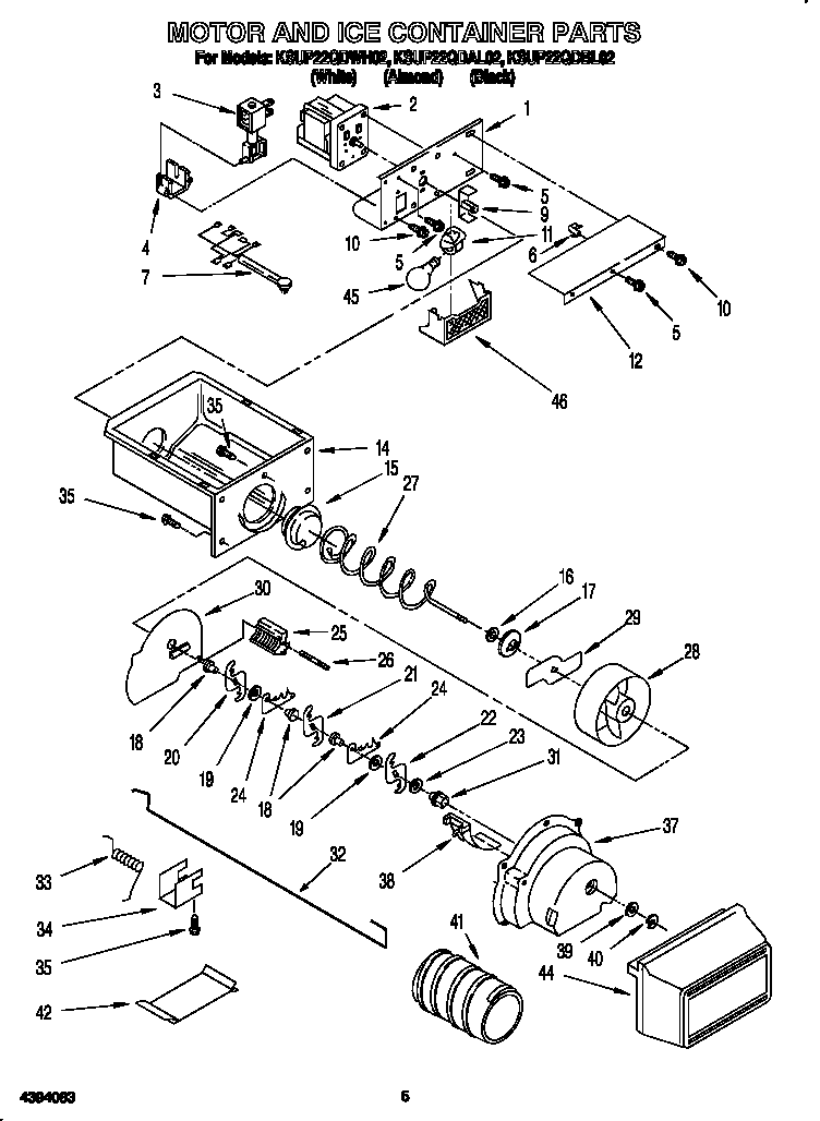 KitchenAid KSUP22QDWH02 motor and ice container diagram