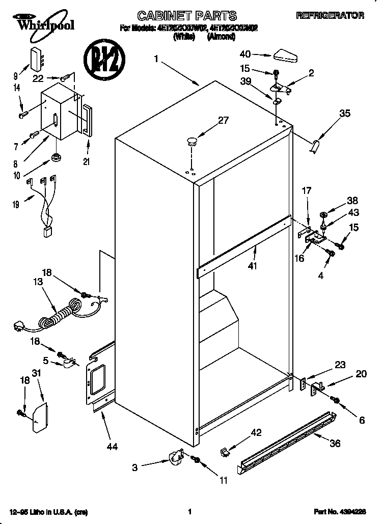 Whirlpool 4ET20ZKXDN02 cabinet diagram