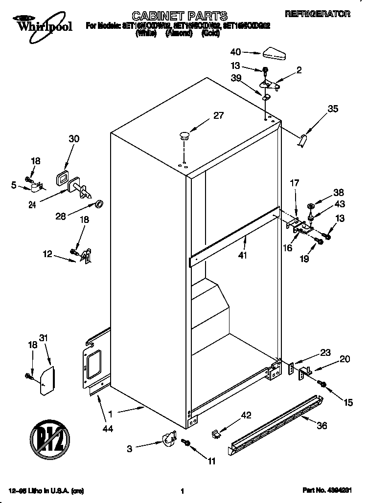 Whirlpool 8ET16NKXDW02 cabinet diagram