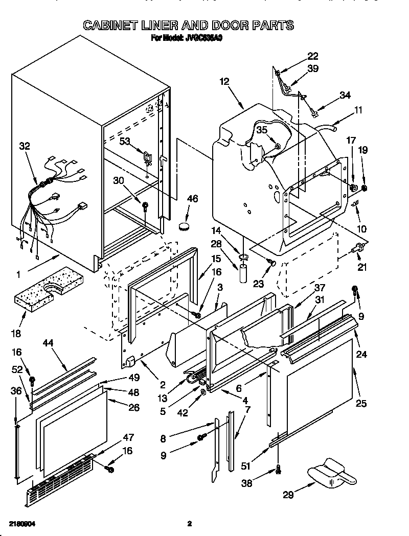 Whirlpool JVGC535A0 cabinet liner and door diagram