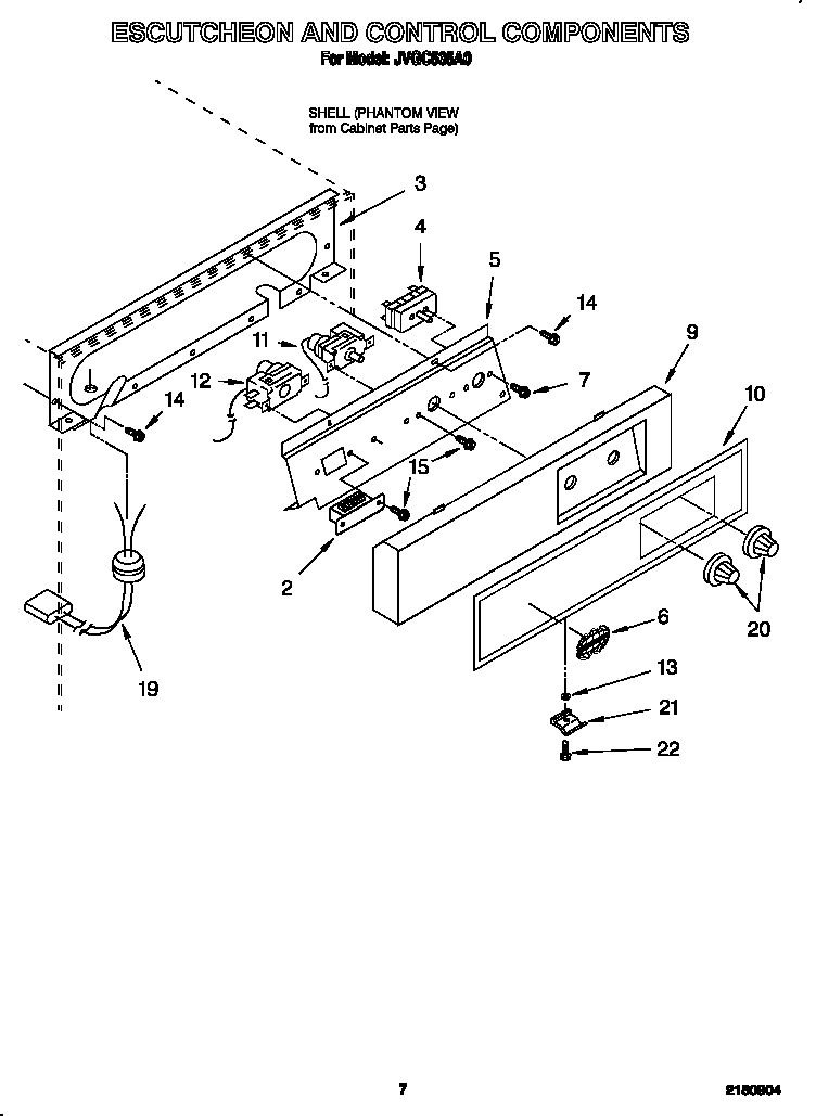 Whirlpool JVGC535A0 escutcheon and control components diagram