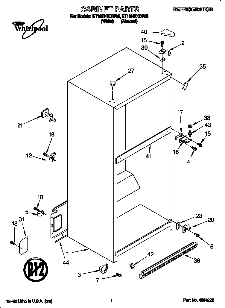 Whirlpool ET18HNXDN05 cabinet diagram