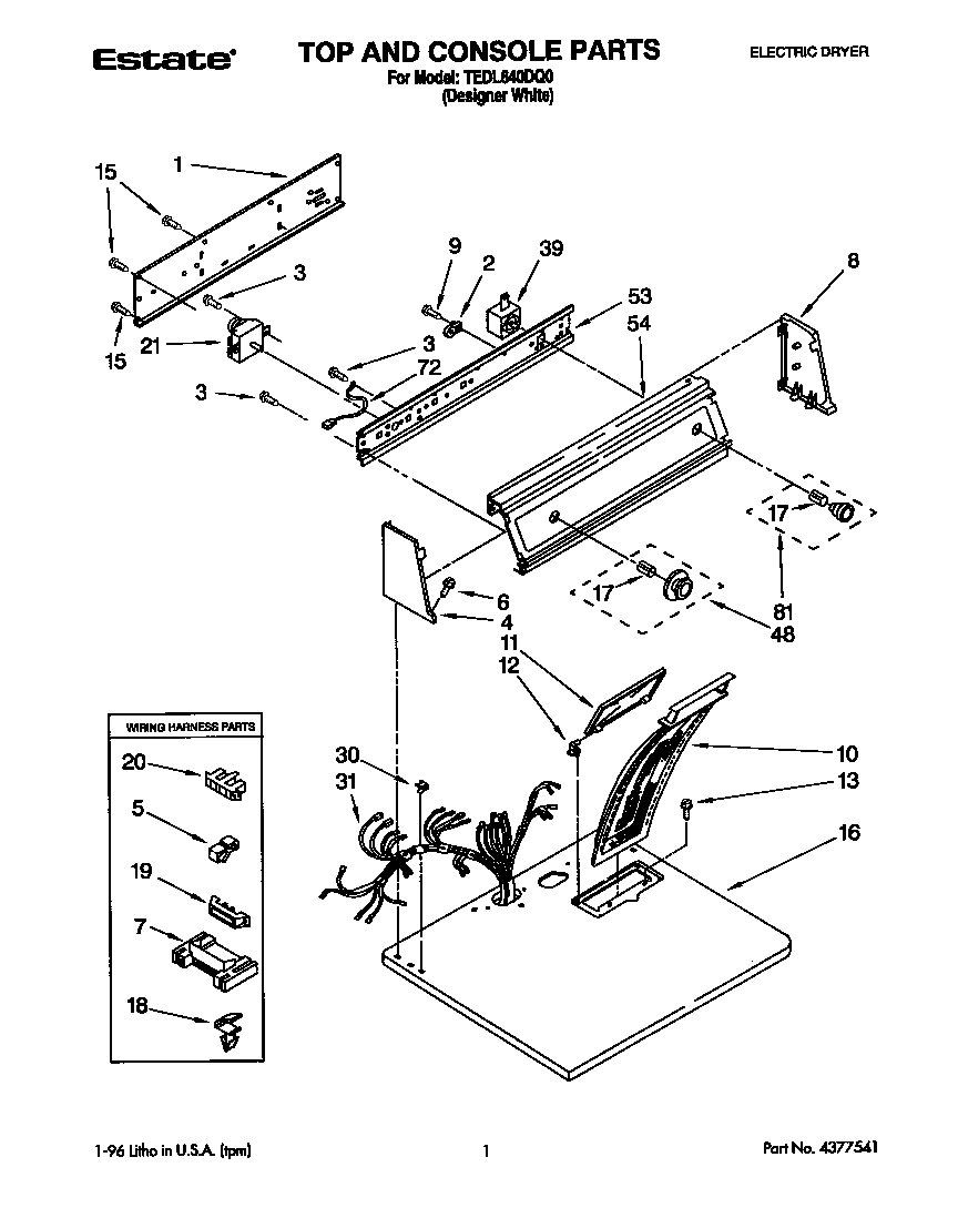Whirlpool TEDL640DQ0 top and console diagram