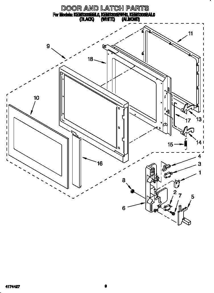 KitchenAid KEMS306BBL0 door and latch diagram
