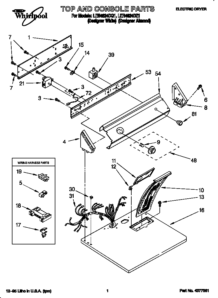 Whirlpool LER4624DZ1 top and console diagram