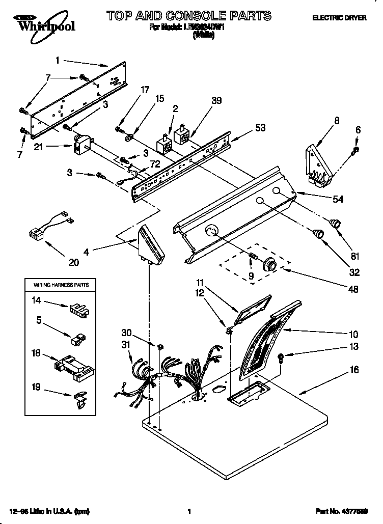 Whirlpool LEN3634DW1 top and console diagram