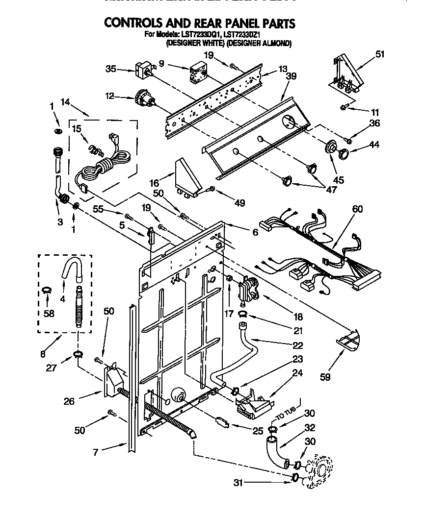 Whirlpool LST7233DZ1 controls and rear panel diagram