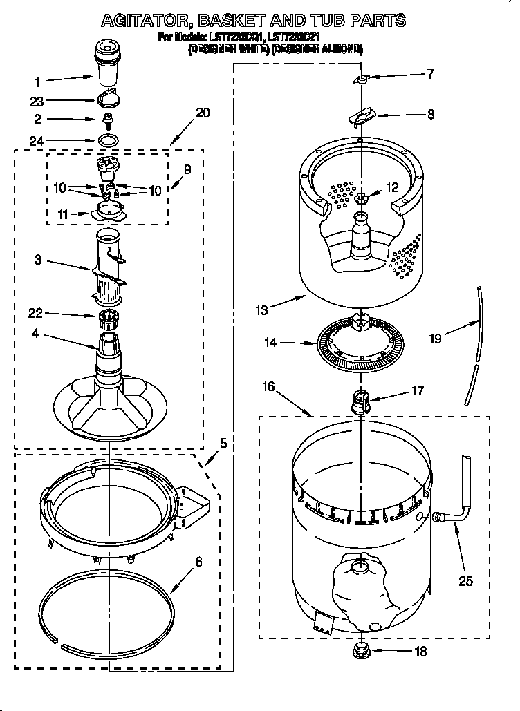 Whirlpool LST7233DZ1 agitator, basket and tub diagram