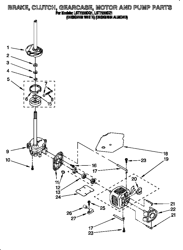 Whirlpool LST7233DZ1 brake, clutch, gearcase, motor and pump diagram