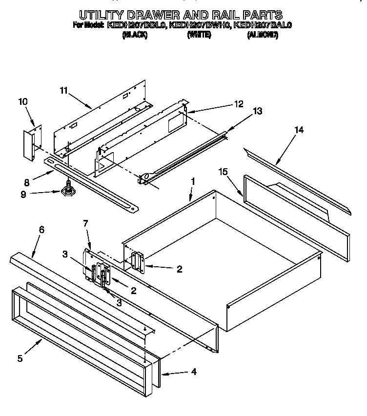 KitchenAid KEDH207BAL0 utility drawer and rail diagram