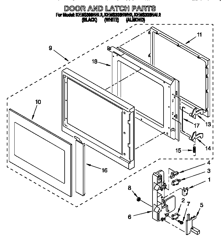 KitchenAid KEMS306BWH2 door and latch diagram