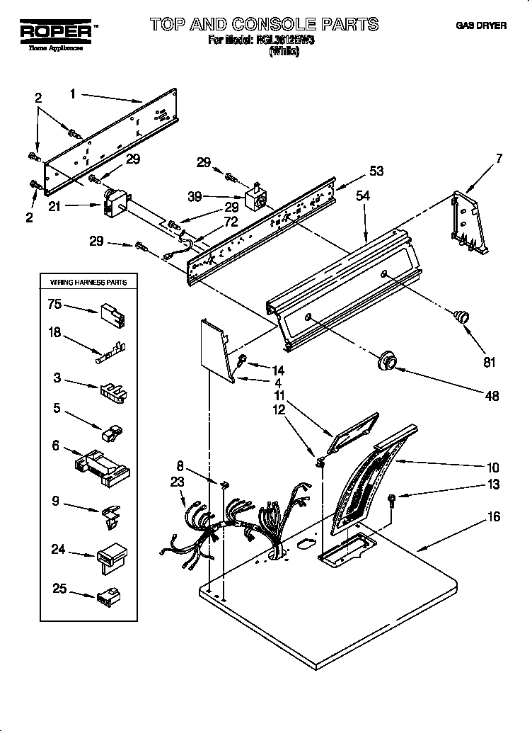Roper RGL3612BW3 top and console diagram