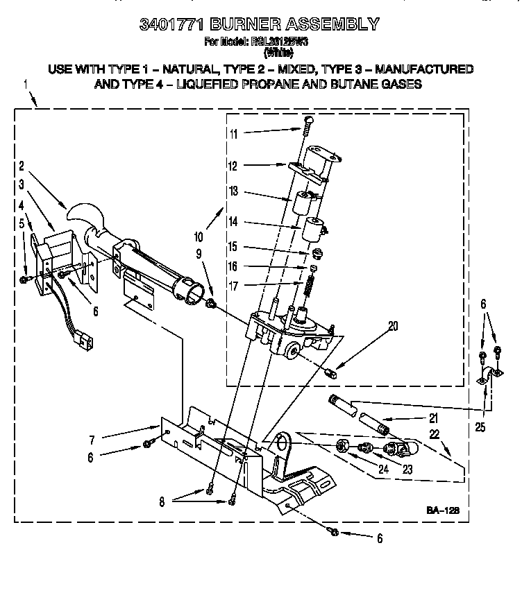 Roper RGL3612BW3 3401771 burner assembly diagram
