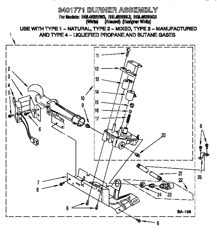 Roper RGL4632BW3 3401771 burner assembly diagram
