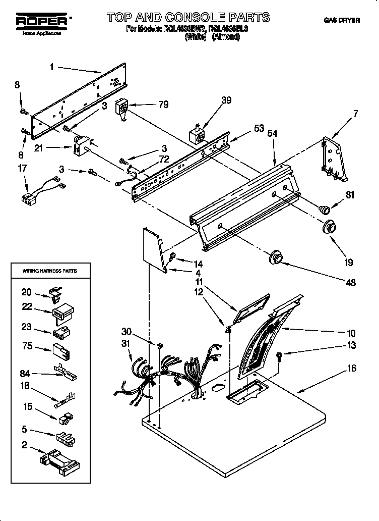 Roper RGL4636BW3 top and console diagram