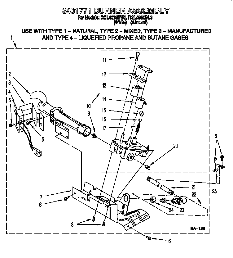 Roper RGL4636BW3 3401771 burner assembly diagram
