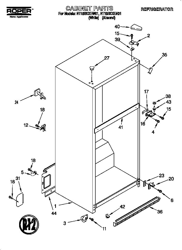 Roper RT18BKXEW01 cabinet diagram