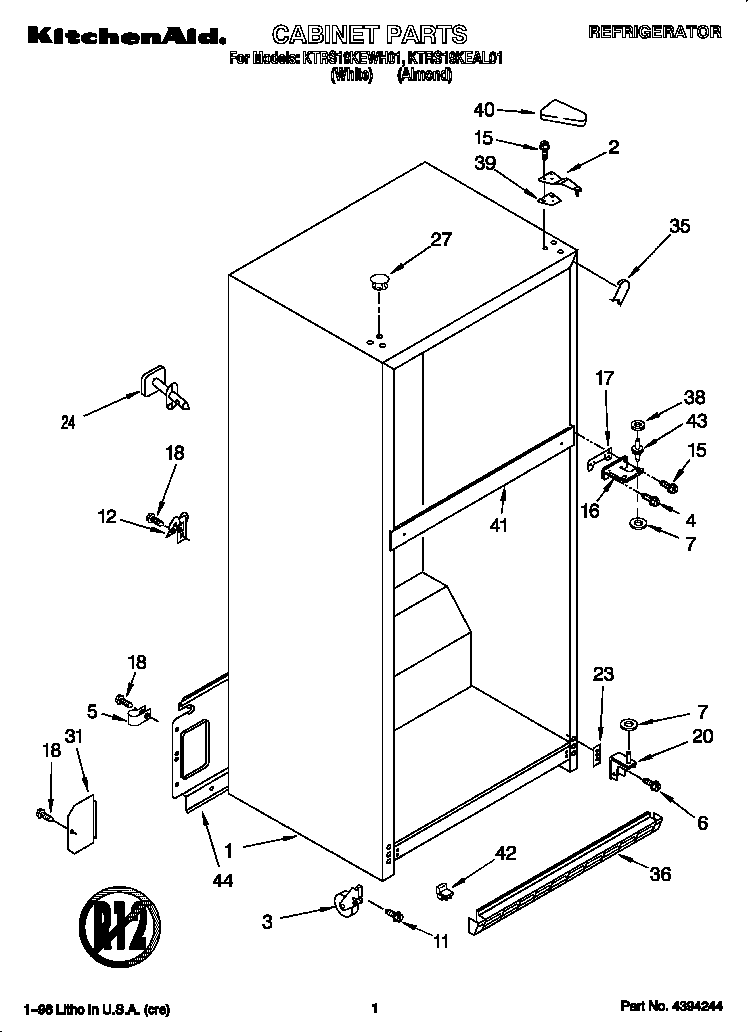 KitchenAid KTRS19KEAL01 cabinet diagram