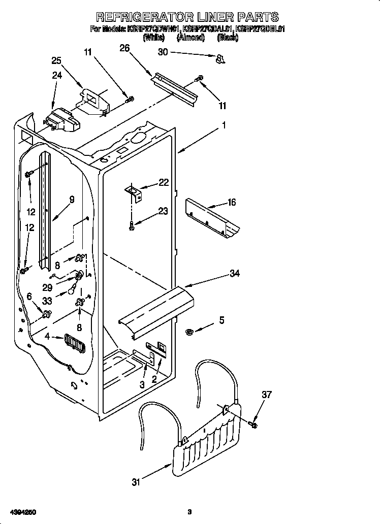 KitchenAid KSRP27QDBL01 refrigerator liner diagram