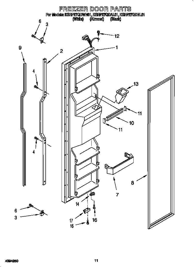 KitchenAid KSRP27QDBL01 freezer door diagram