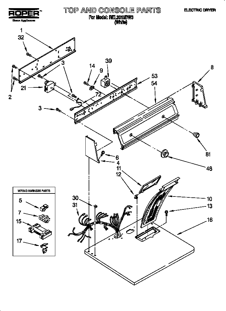 Roper REL3612BW3 top and console diagram