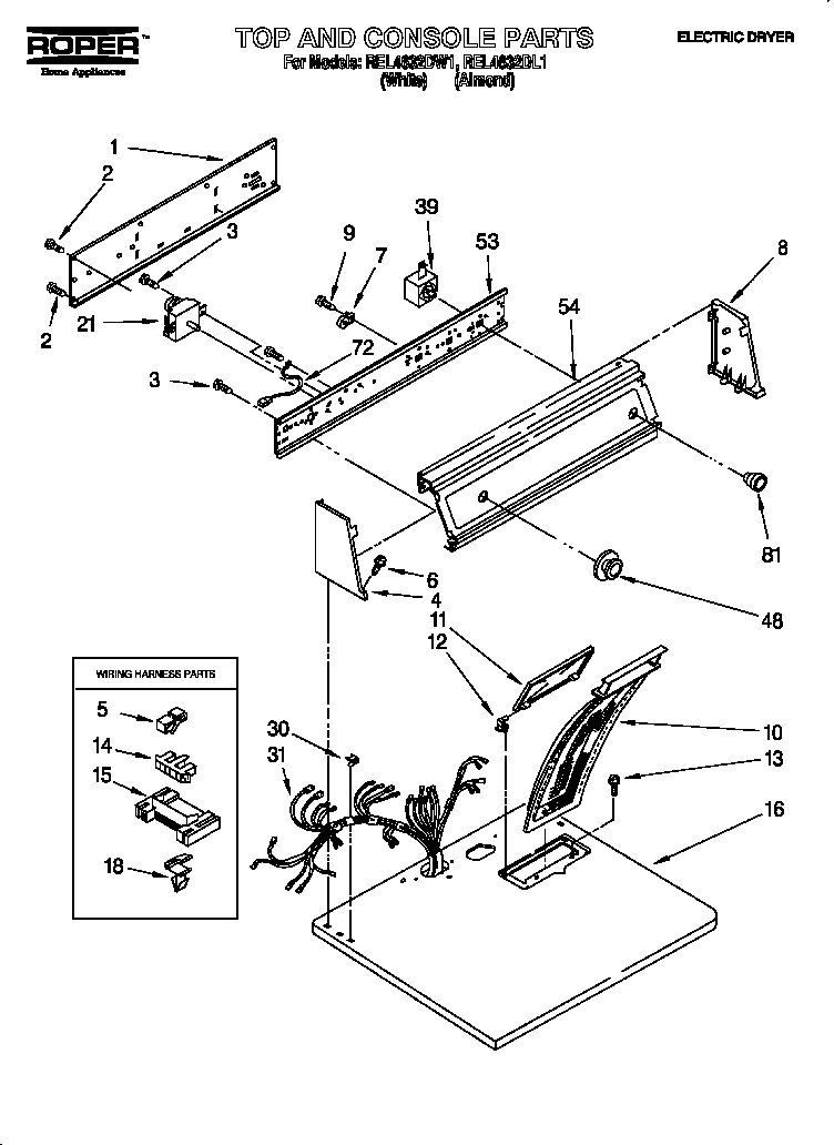Roper REL4632DW1 top and console diagram