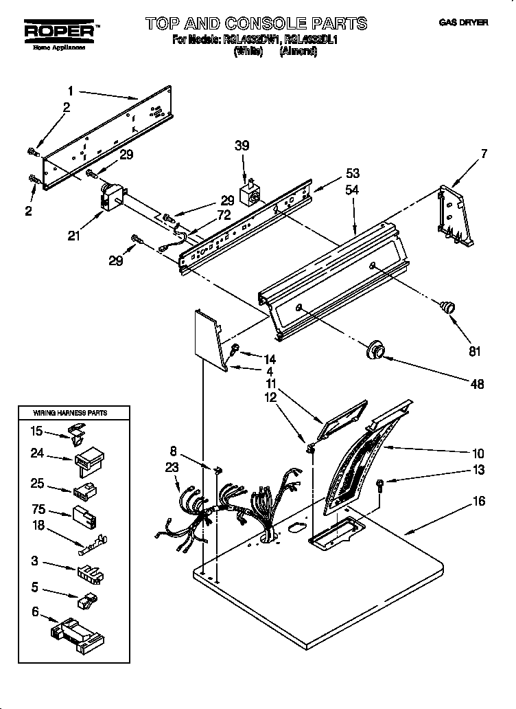 Roper RGL4632DW1 top and console diagram