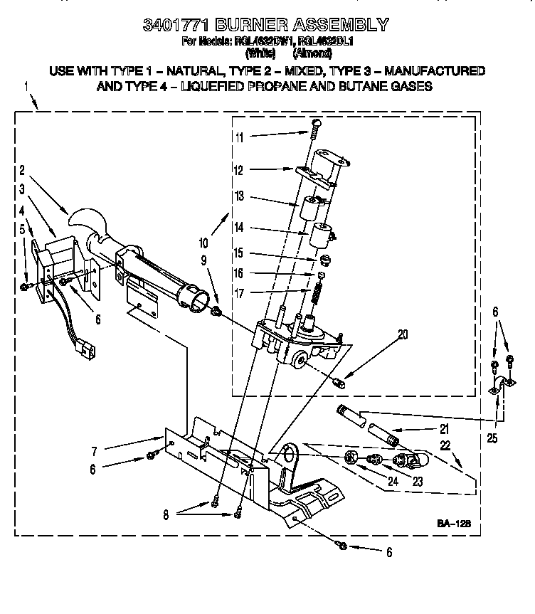 Roper RGL4632DW1 3401771 burner assembly diagram