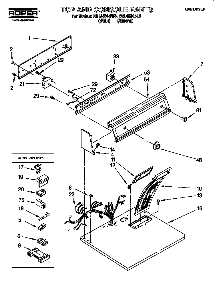 Roper RGL4634BW3 top and console diagram