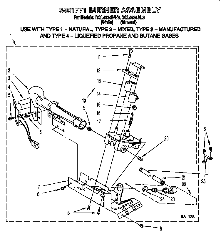Roper RGL4634BW3 3401771 burner assembly diagram