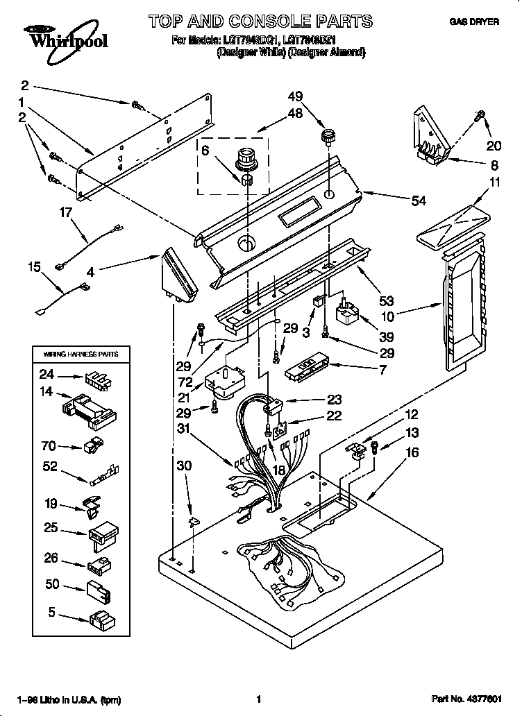 Whirlpool LGT7848DZ1 top and console diagram