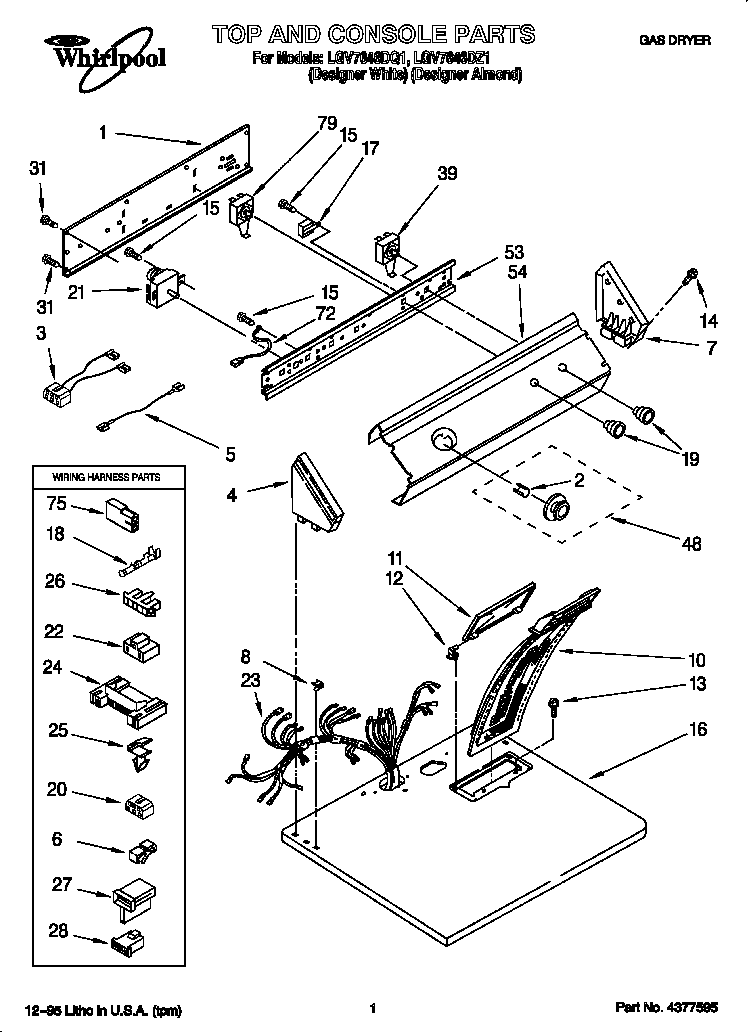 Whirlpool LGV7646DQ1 top and console diagram