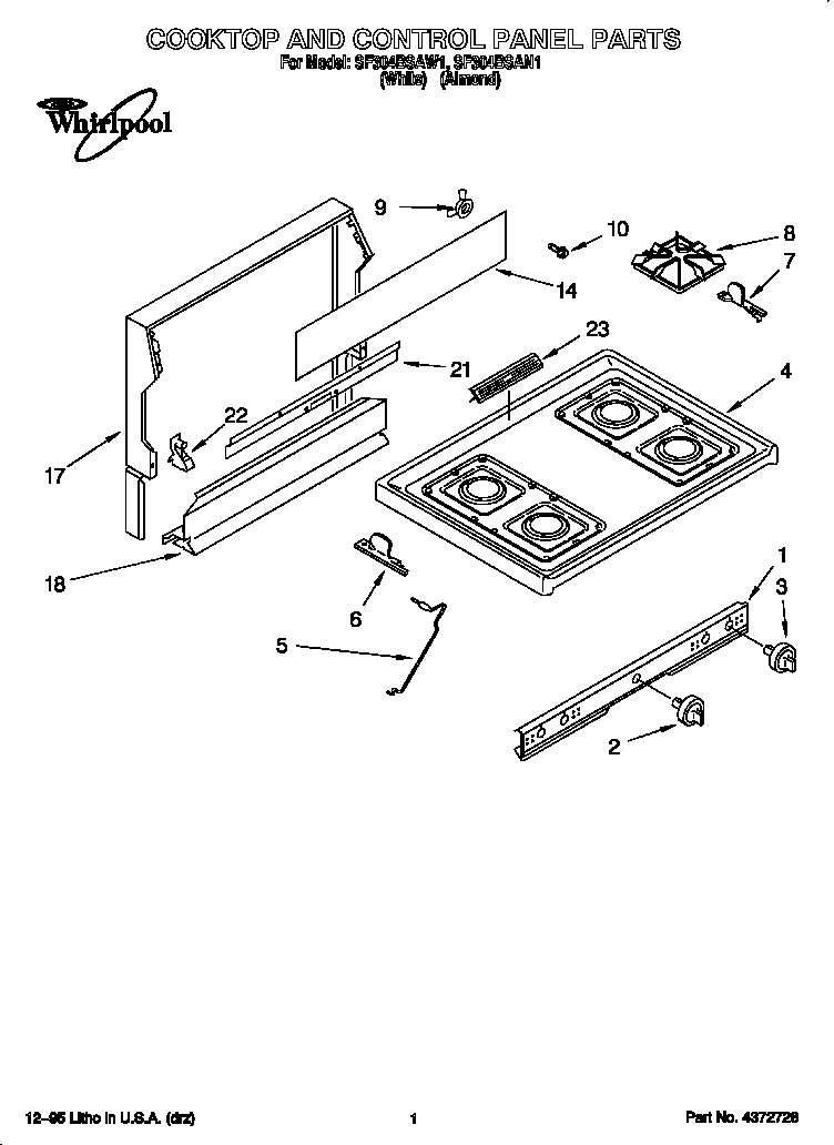 Whirlpool SF304BSAN1 cooktop and control panel diagram