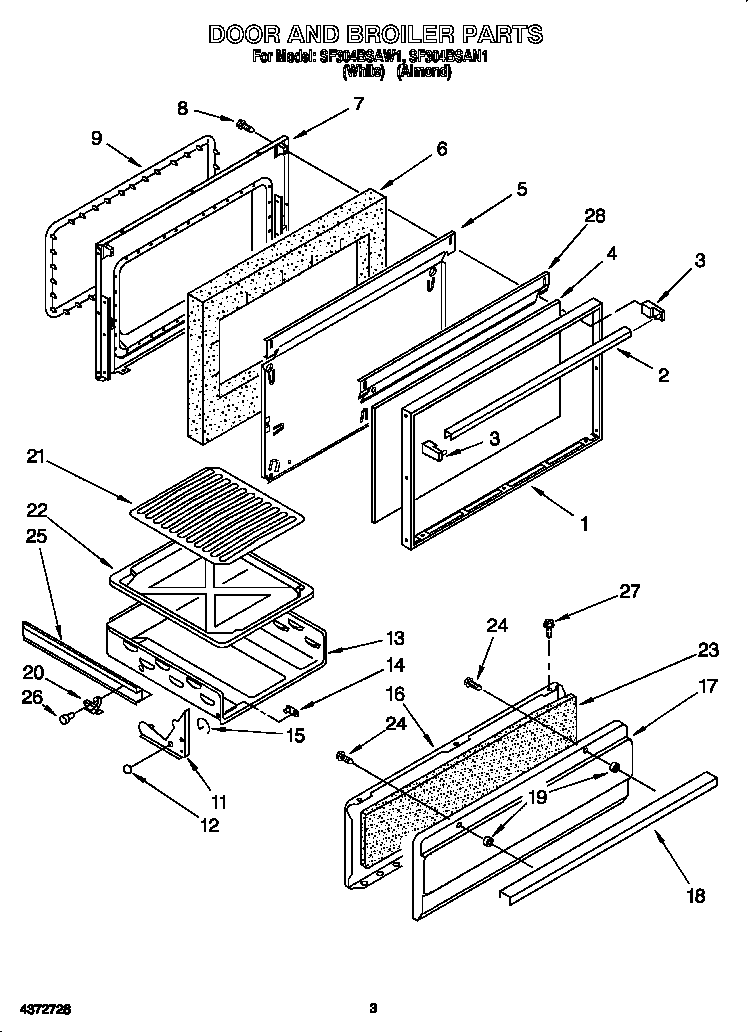 Whirlpool SF304BSAN1 door and broiler diagram