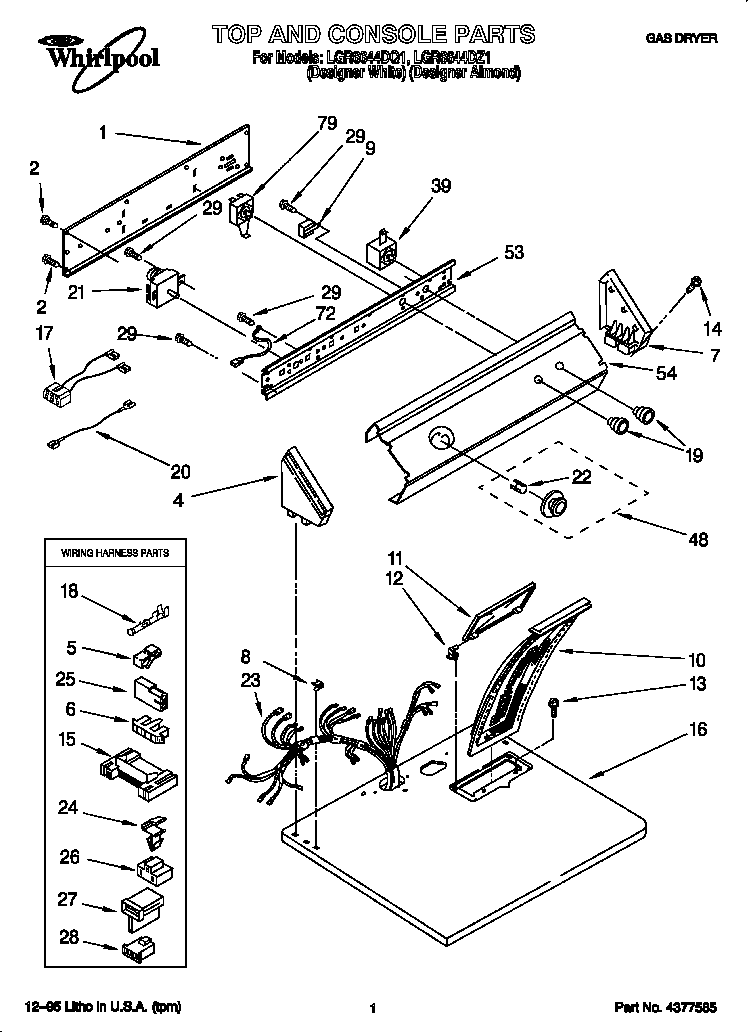 Whirlpool LGR6644DQ1 top and console diagram
