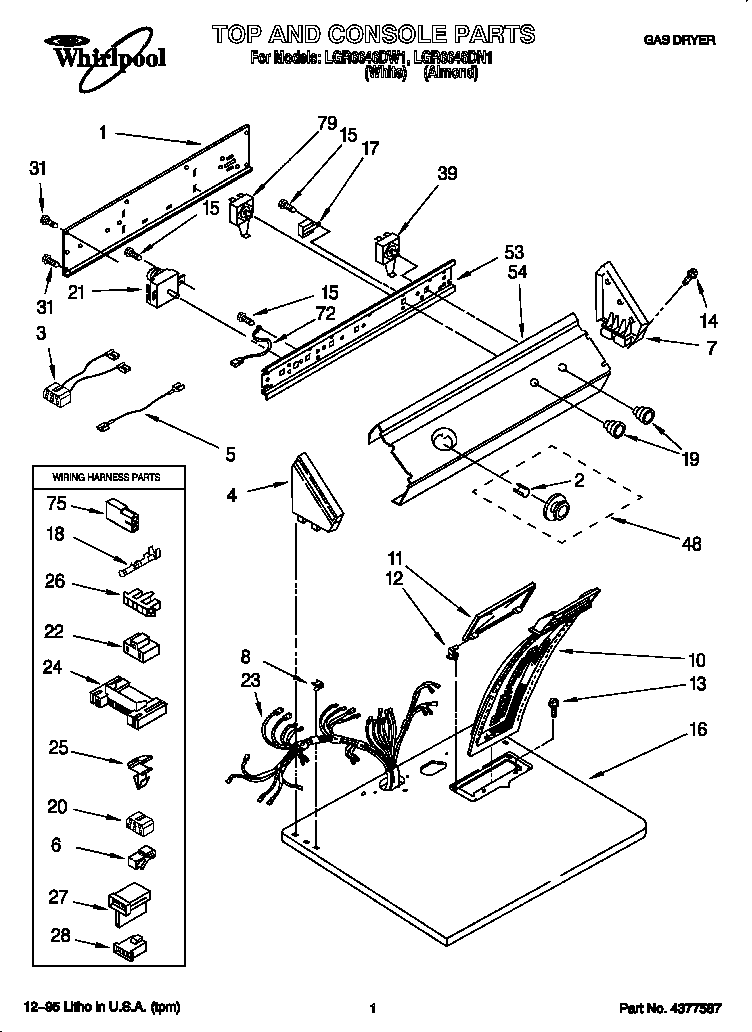 Whirlpool LGR6646DW1 top and console diagram