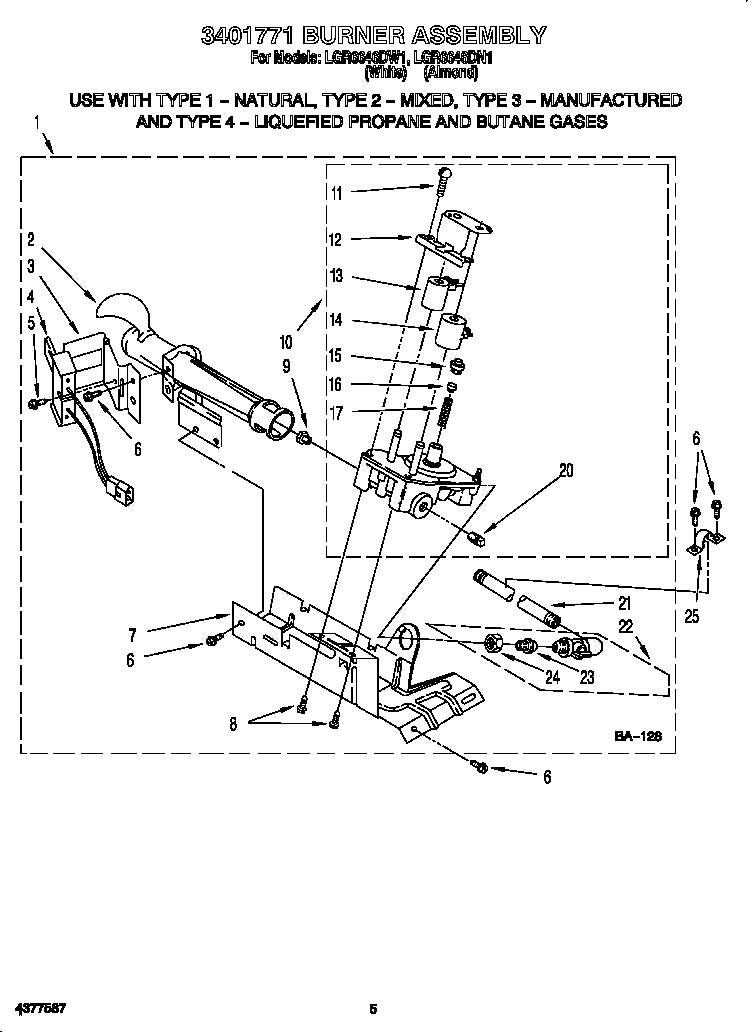 Whirlpool LGR6646DW1 3401771 burner assembly diagram