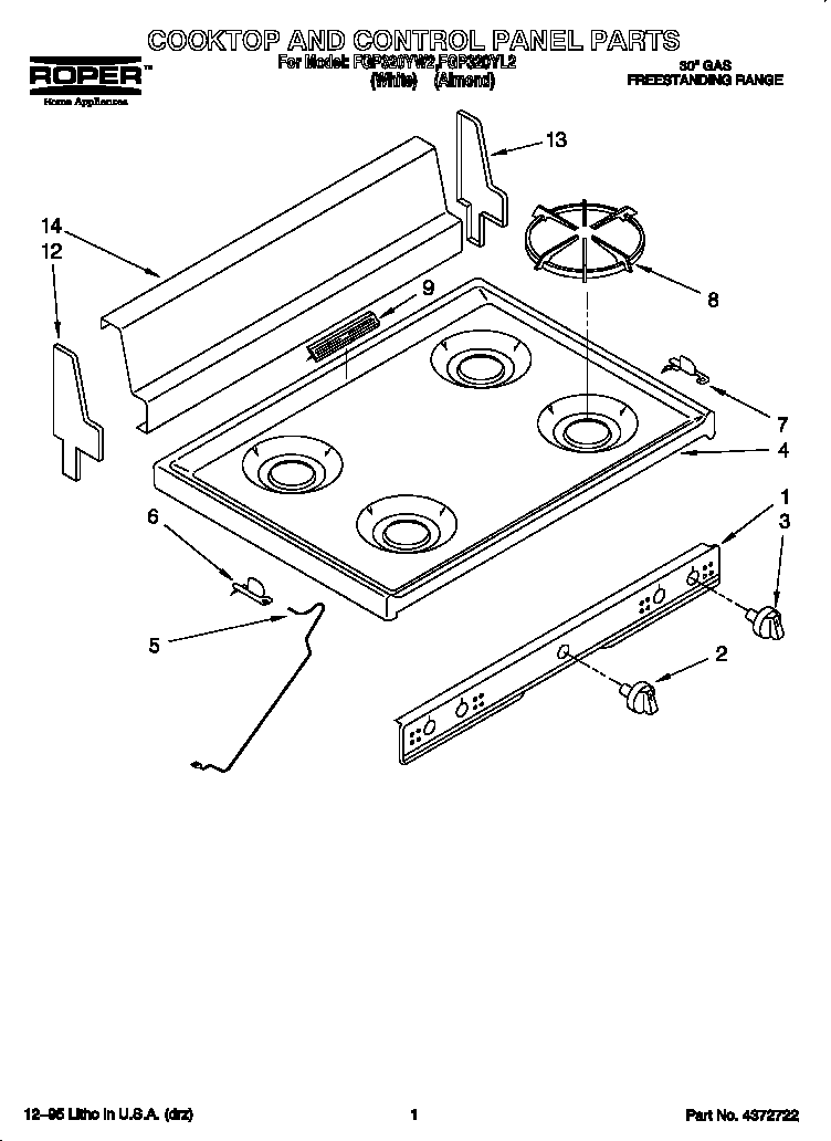 Roper FGP320YL2 cooktop and control panel diagram