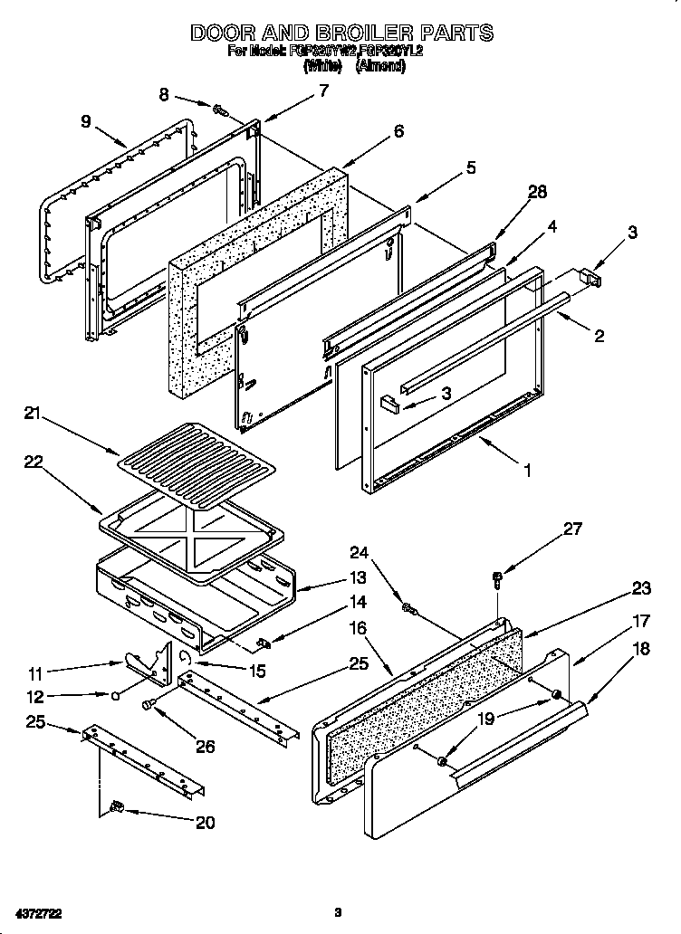 Roper FGP320YL2 door and broiler diagram