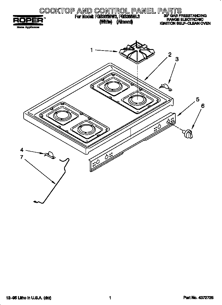 Roper FGS385BW3 cooktop and control panel diagram