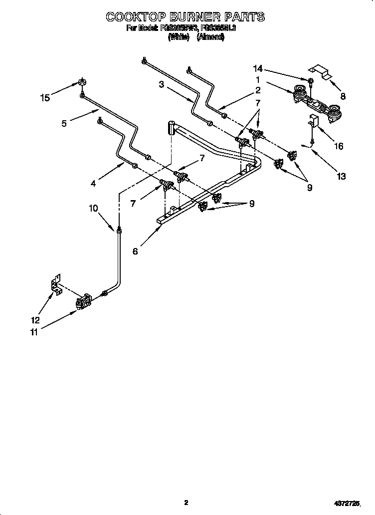 Roper FGS385BW3 cooktop burner diagram